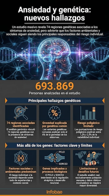 Infografía con una silueta de cabeza humana, cerebro, cadenas de ADN y redes neuronales, destacando datos sobre la relación entre ansiedad y genética.