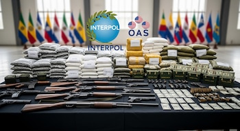 Mesa con armas de fuego, pilas de drogas, municiones y dinero. Al fondo, logos de Interpol y OEA con banderas de países latinoamericanos desenfocadas.