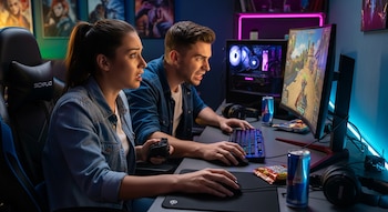 Dos gamers, un hombre y una mujer, se sientan en sillas de juego frente a un monitor curvo y una computadora con luces RGB mientras juegan.