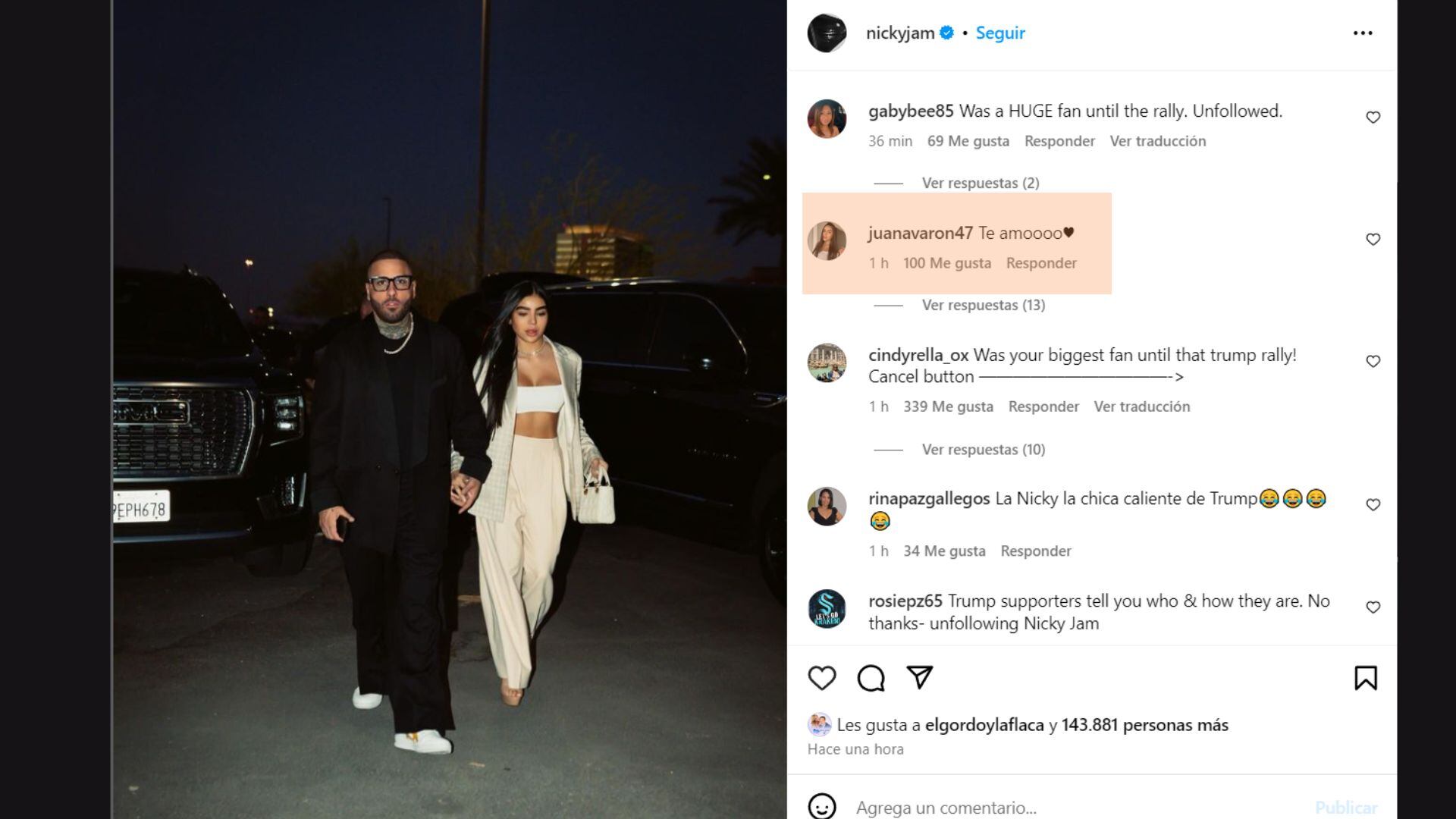 Publicación de Nicky Jam y Juana Valentina Varón