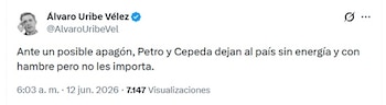 Uribe publicó el mensaje desde su cuenta de X la mañana del viernes 12 de junio de 2026 - crédito @AlvaroUribeVel/X