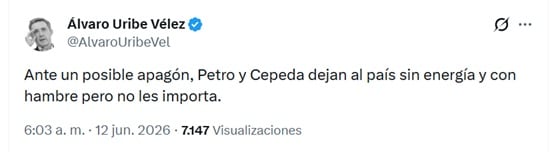 Uribe publicó el mensaje desde su cuenta de X la mañana del viernes 12 de junio de 2026 - crédito @AlvaroUribeVel/X