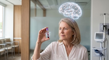 Una mujer de unos 60 años, sentada en un consultorio, sostiene un tubo de ensayo con sangre y biomarcadores, mientras un cerebro luminoso flota sobre su cabeza.
