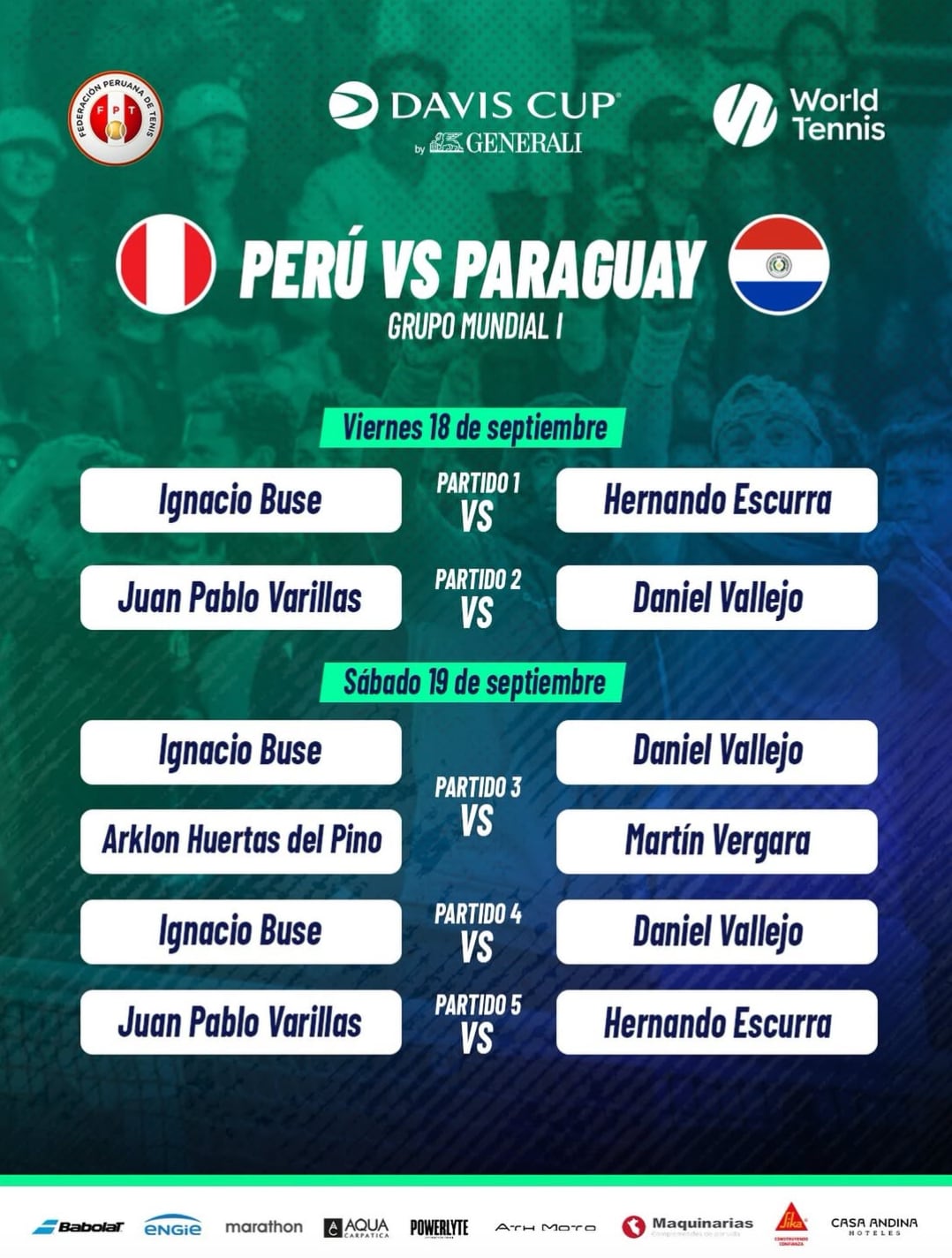 Cruces confirmados de los duelos entre Perú y Paraguay por Grupo Mundial I de la Copa Davis 2026. Crédito: Instagram Federación Peruana de Tenis.