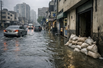 Una calle urbana inundada con autos, veredas, edificios y bolsas de arena apiladas frente a un minimarket y otros locales comerciales.