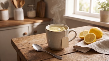 Una taza con vapor y rodajas de limón, una cuchara de metal, limones enteros y cortados, una servilleta y una mesa de madera rústica.