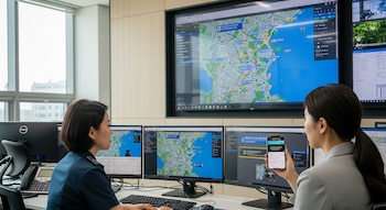 Agente de policía de Corea del Sur sentada frente a múltiples pantallas de monitoreo con mapas, junto a una mujer que sostiene un teléfono con una notificación.