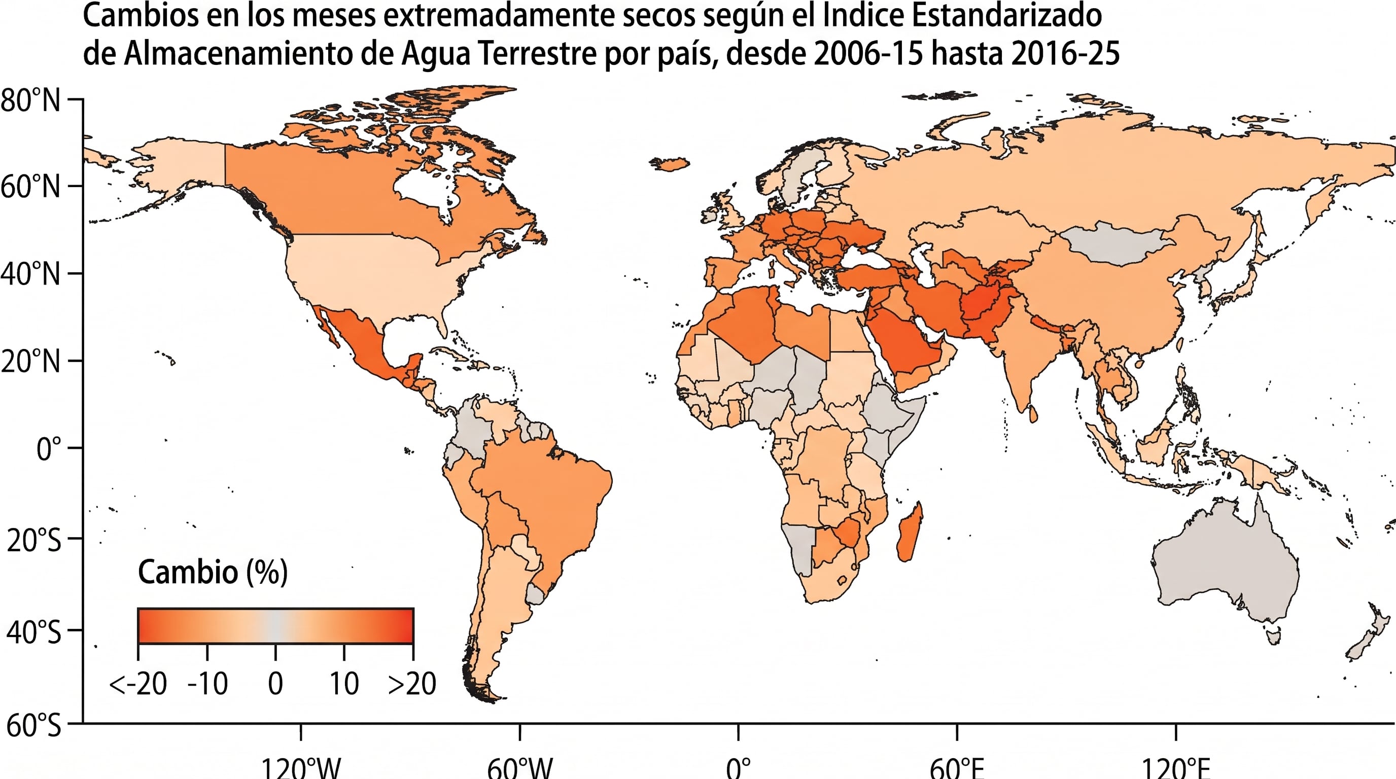 Un mapamundi detalla la variación porcentual de meses extremadamente secos por país según el Índice Estandarizado de Almacenamiento de Agua Terrestre entre 2006 y 2025. (Imagen Ilustrativa Infobae)