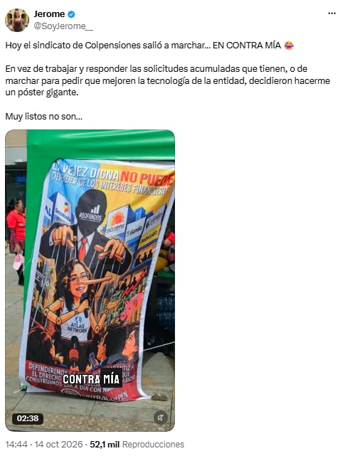 Jerome Sanabria rechazó ser “marioneta” de fondos privados tras protesta de trabajadores de Colpensiones - crédito @SoyJerome__/X