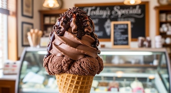 Primer plano de un helado de chocolate con doble bola, suave, salsa y virutas en cono de barquillo; al fondo, una heladería con vitrina y pizarra.