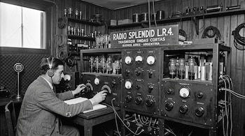 Un hombre con auriculares opera los mandos de un equipo de transmisión con válvulas de vacío y un letrero de Radio Splendid.