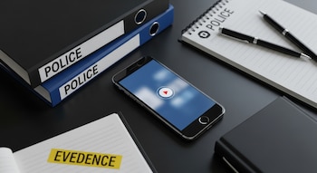 Teléfono móvil con pantalla azul difusa y botón de reproducción, dos carpetas con 'POLICE', libreta con 'POLICE', dos bolígrafos, y cuaderno con cinta 'EVEDENCE'.