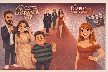 Ilustración de figuras del espectáculo: Yaco Eskenazi, una mujer llorando, Pompinchú, y personajes de 'El Diablo Viste la Moda 2' en una alfombra roja