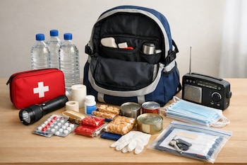 Una mochila azul abierta y sus suministros de emergencia, que incluyen botellas de agua, un botiquín, una linterna, alimentos, una radio, mascarillas y documentos.