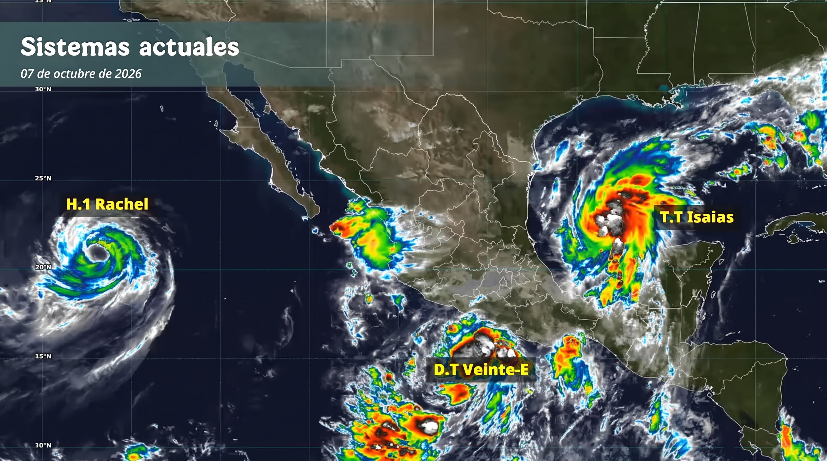 Un mapa satelital fechado el 7 de octubre de 2026 ubica los sistemas meteorológicos Rachel, Isaías y la depresión Veinte-E en las costas de México. (Imagen Ilustrativa Infobae)