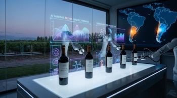 Mesa blanca con cinco botellas de vino oscuro y brazos robóticos, rodeada de hologramas con gráficos y datos. Detrás, un viñedo y un mapa digital de Sudamérica.