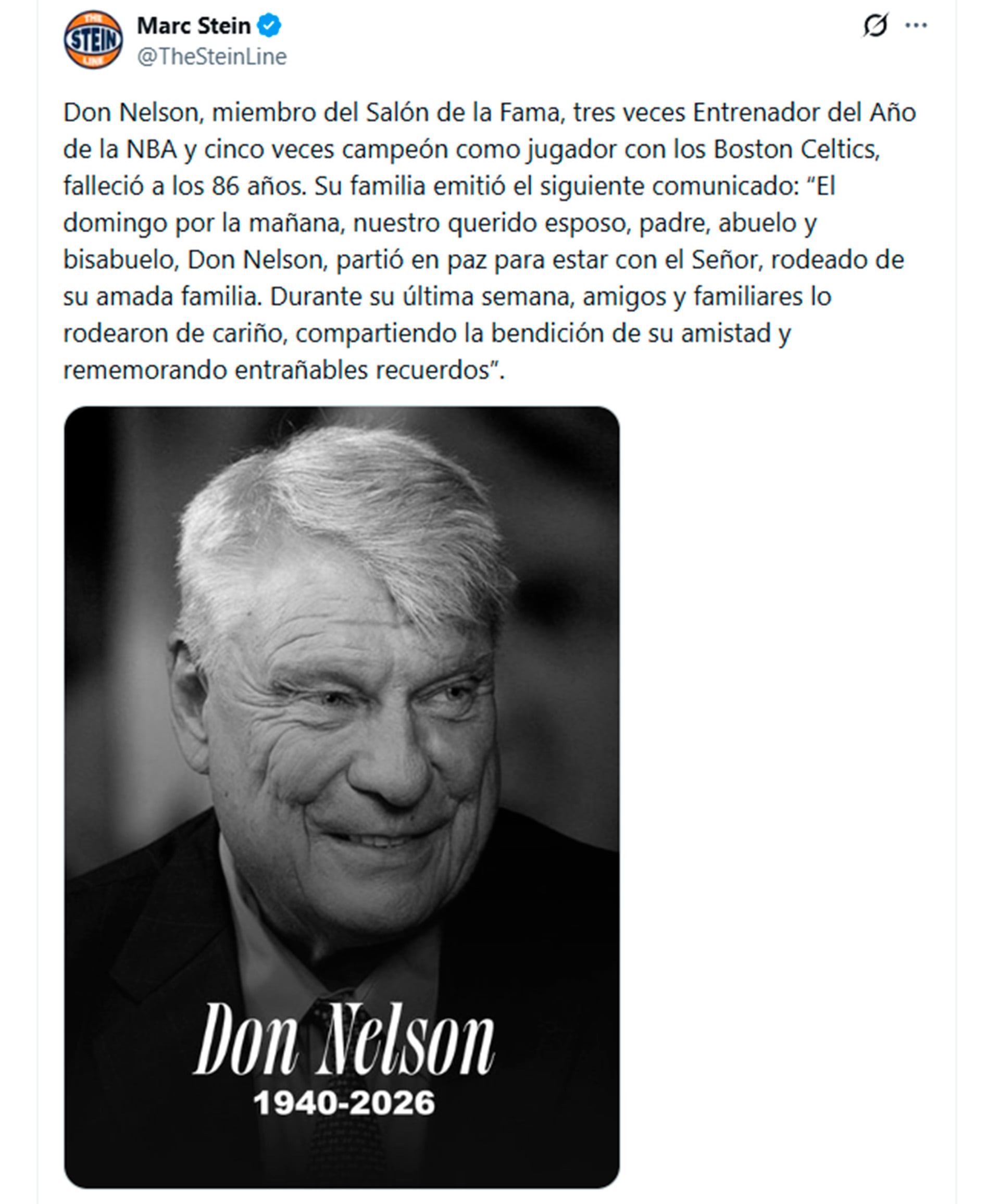 El comunicado de la familia que publicó Marc Stein (Crédito: X @TheSteinLine)