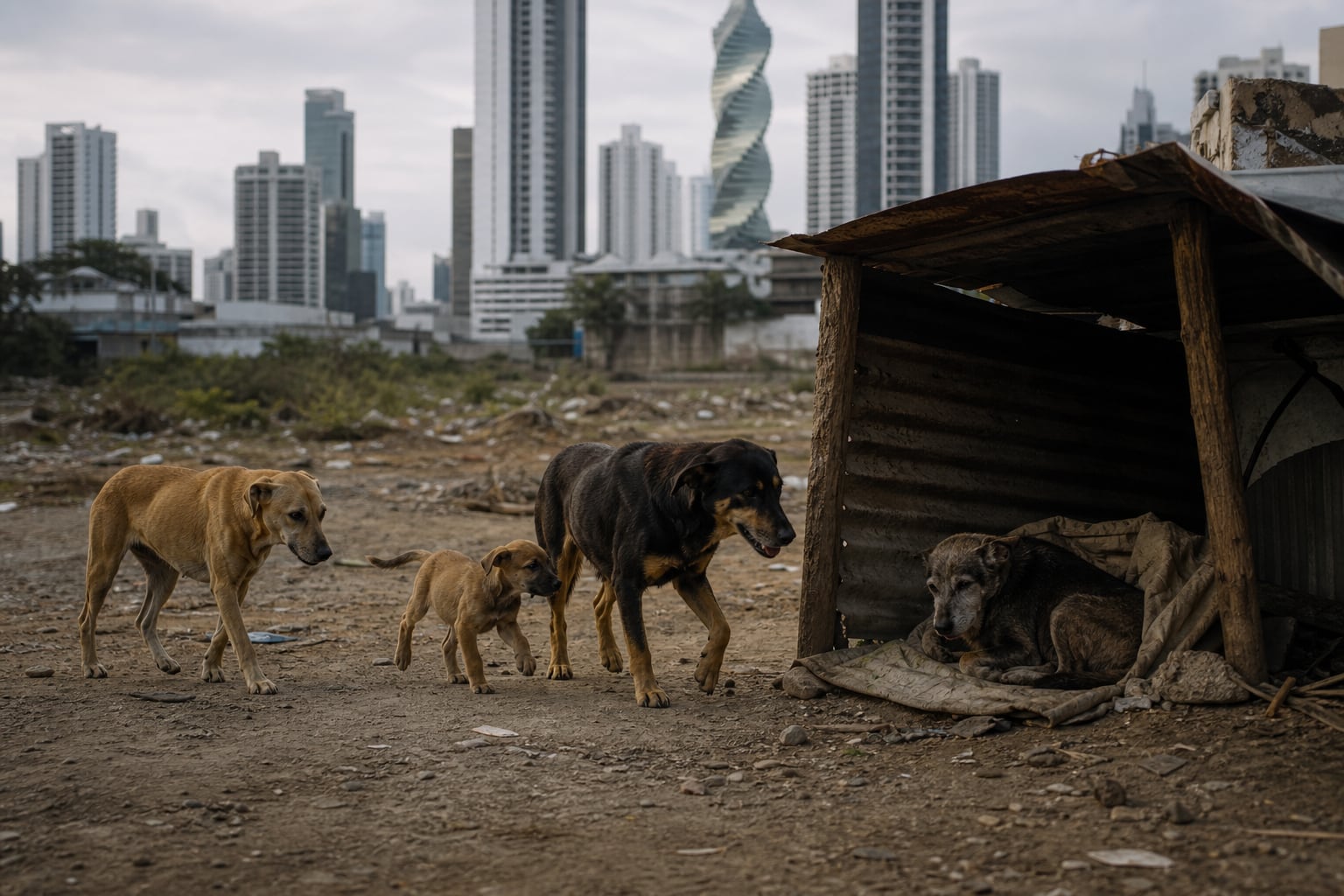 Varios perros atraviesan un terreno baldío frente al perfil urbano de la ciudad de Panamá mientras un ejemplar mayor descansa bajo un refugio improvisado. (Imagen Ilustrativa Infobae)
