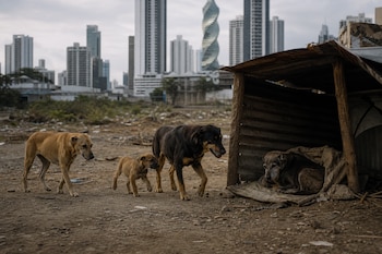 Dos perros adultos y un cachorro caminan por terreno árido junto a un refugio con otro perro echado dentro, con rascacielos al fondo.