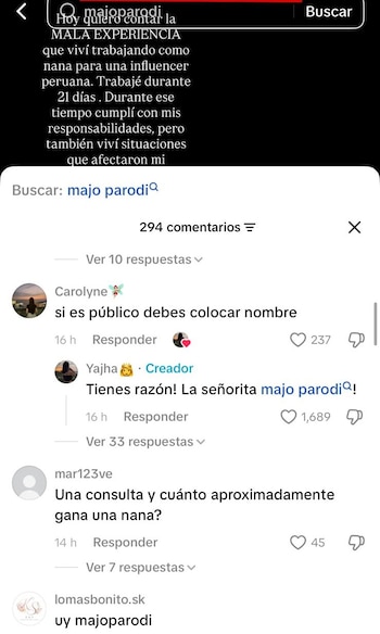 Captura de pantalla de una publicación en red social. Un texto superior describe una mala experiencia laboral como nana. Los comentarios identifican a la influencer Majo Parodi