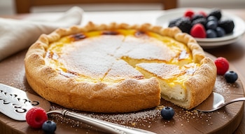 Tarta de ricota redonda con una porción retirada, espolvoreada con azúcar glas, sobre una tabla de madera. Incluye una pala de servir y frutos rojos.