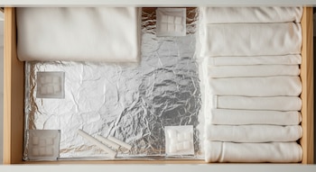 Vista aérea de un cajón abierto forrado con papel de aluminio, con paquetes de gel de sílice, tizas blancas y prendas de algodón dobladas.