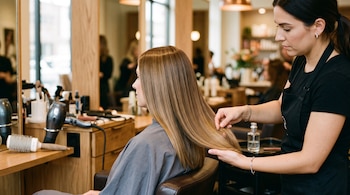 Una estilista con delantal negro sostiene las puntas del cabello largo y castaño de una clienta sentada en un salón de belleza.