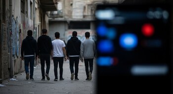 Cinco jóvenes de espaldas caminan por una calle urbana con grafitis; al lado derecho, pantallas desenfocadas proyectan luces azules y rojas.