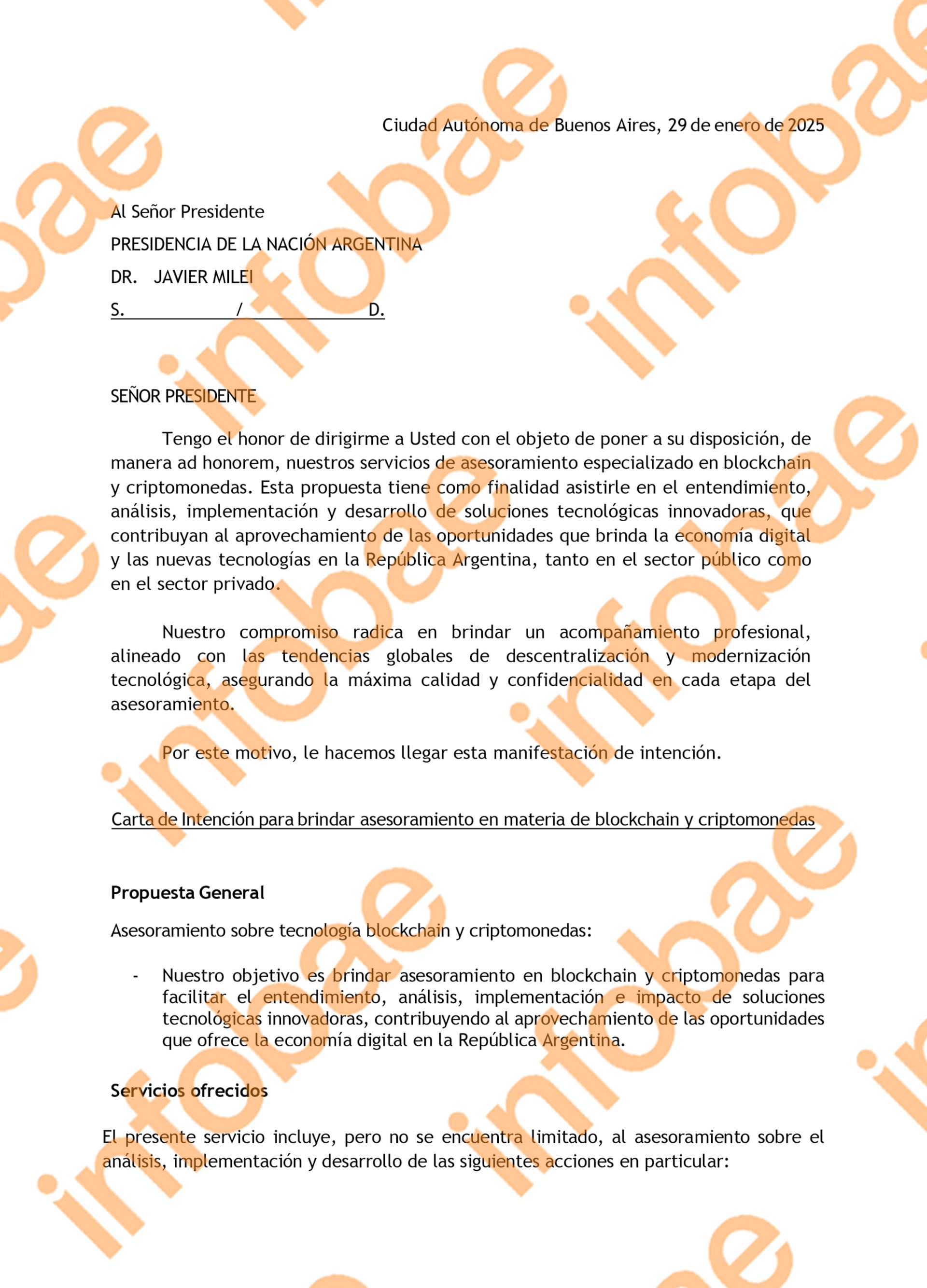Un borrador de contrato de asesoramiento en blockchain y criptomonedas, dirigido al Presidente Javier Milei y encontrado en el celular de Novelli, incluye espacio para la firma de Milei y Davis