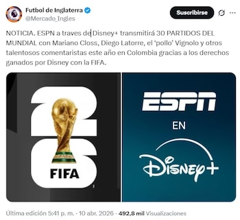 Mariano Closs, Diego Latorre y Sebastián Vignolo figuran entre los comentaristas reconocidos que podrían relatar por Disney+ durante el Mundial - crédito @Mercado_Ingles/X