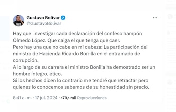 Gustavo Bolívar defendió al ministro de Hacienda, Ricardo Bonilla, ante el entramado de corrupción en la Ungrd - crédito @GustavoBolívar / X