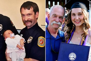 Dos fotos: izquierda, hombre en uniforme sostiene un bebé con chupete. Derecha, el mismo hombre mayor con una joven graduada universitaria y diploma