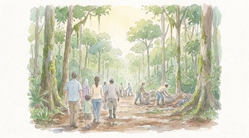 Ilustración de personas caminando por un sendero en la selva del Darién. Varias figuras recogen residuos y bolsas, y árboles de troncos musgosos rodean el camino.