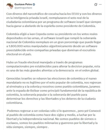 Petro cuestionó la victoria de Abelardo de la Espriella y afirmó que el resultado no corresponde a la voluntad expresada en las urnas - crédito @petrogustavo/X