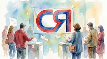 Ilustración acuarela de votantes de espaldas depositando papeletas en urnas. Al fondo, un gran logo rojo y azul del partido político Cambio Radical.