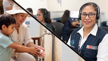 Dos escenas: mujer con niño lavando manos en un grifo exterior, y mujer con lentes y auriculares en call center con chaleco del Ministerio de Salud