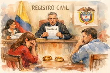 Ilustración acuarela de un registrador civil mostrando un documento de divorcio a una pareja; la bandera y escudo de Colombia están de fondo, con anillos en la mesa.