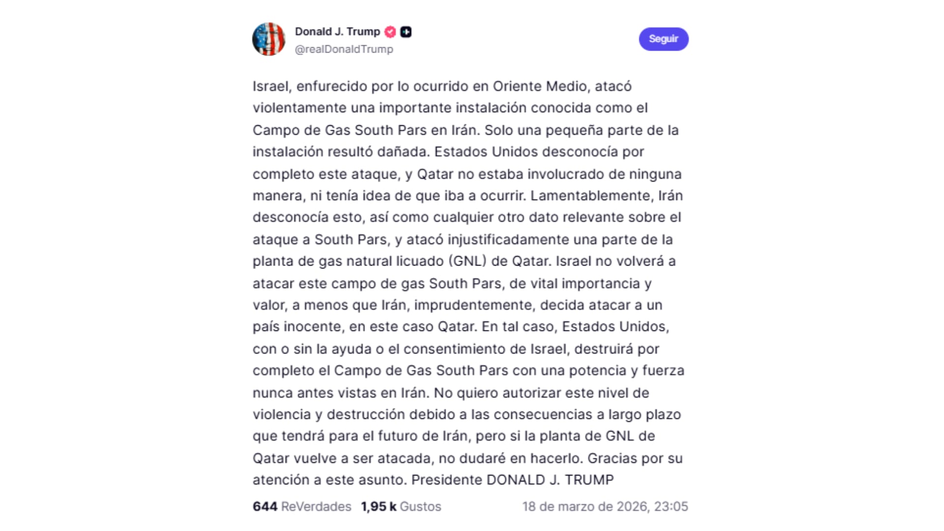 El mensaje de Donald Trump vía Truth Social (@realDonaldTrump)