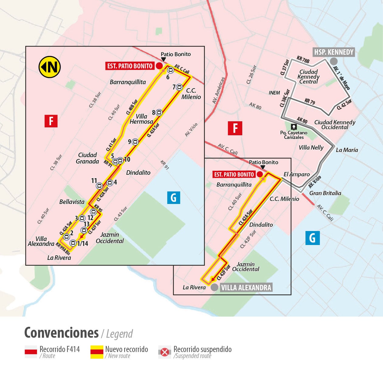 TransMilenio recomendó a los usuarios consultar el nuevo recorrido de la F414 antes de viajar, especialmente si usaban tramos suspendidos - crédito Transmilenio/X
