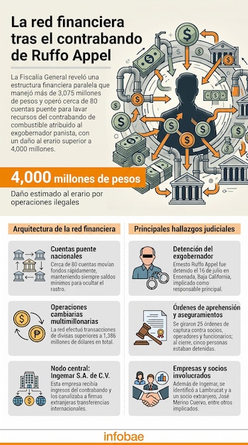 Infografía con título, texto y diagramas que muestran una silueta de hombre rodeada de dinero, bancos y tuberías, con elementos judiciales y empresariales.