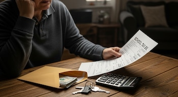 Persona revisa factura de impuestos escolares en una mesa de madera con calculadora, sobre abierto con billetes de dólar y llaves.