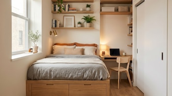 Dormitorio pequeño y luminoso con cama de madera y ropa de cama gris. Estantes flotantes con plantas y libros. Escritorio integrado con laptop y silla de madera.