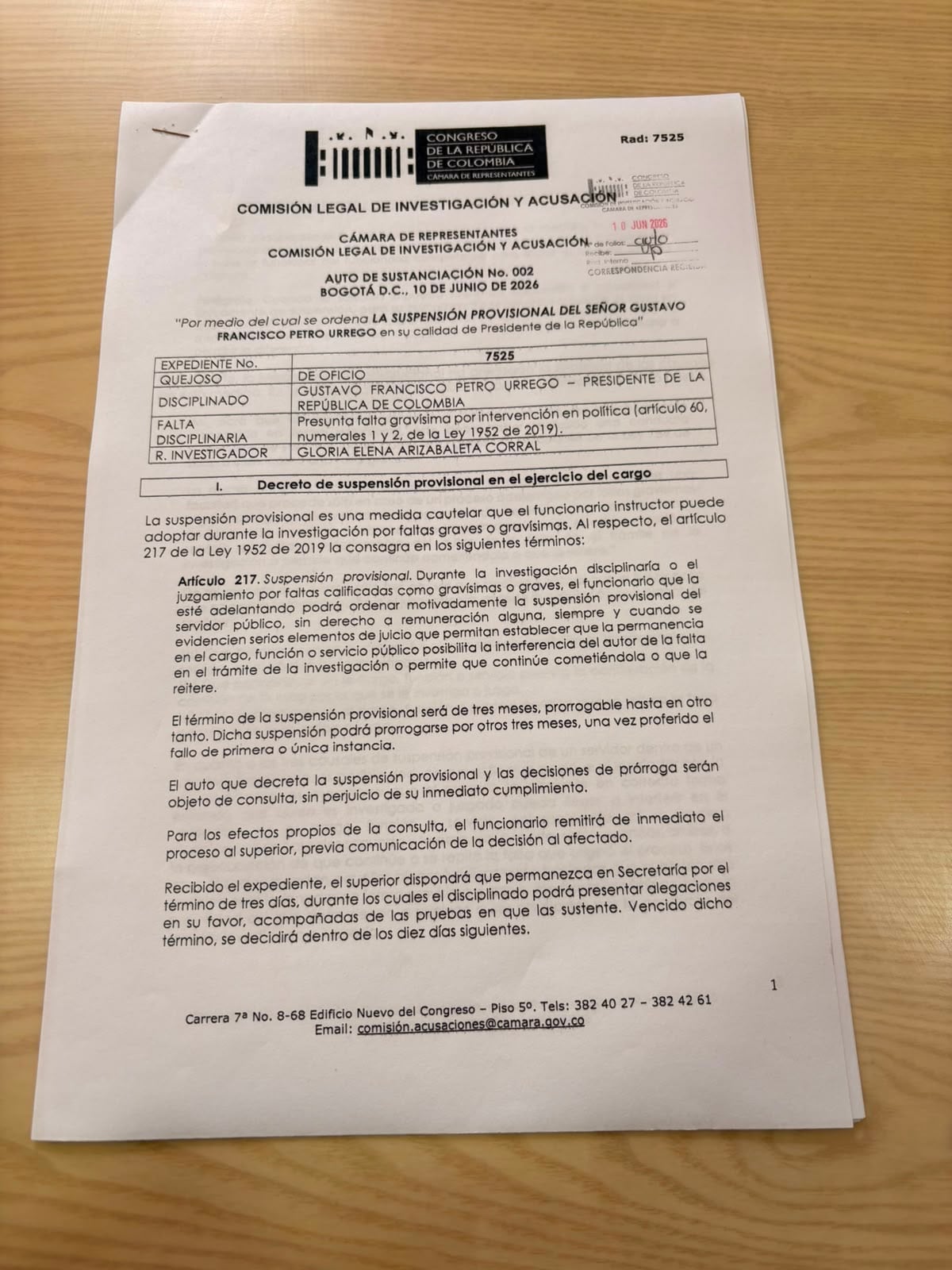 Este es el radicado del auto con el que la representante Gloria Arizabaleta, del Pacto Histórico y miembro de la Comisión de Acusación, “suspende provisionalmente del ejercicio del cargo al presidente Gustavo Petro” - crédito Comisión de Acusaciones