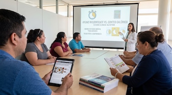 Una mujer en bata blanca frente a un proyector, mostrando diapositivas con reloj y calculadora. Cinco personas adultas la escuchan sentadas en una mesa.