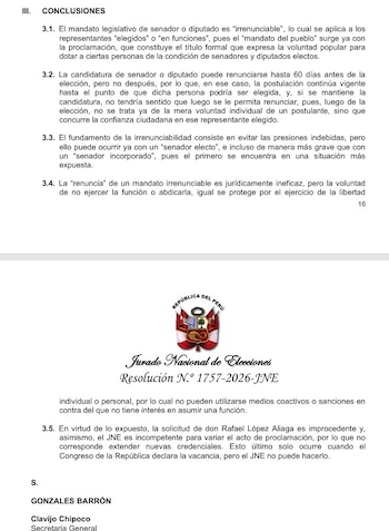 Documento legal con el escudo de Perú, texto del Jurado Nacional de Elecciones, la Resolución 1757-2026-JNE y conclusiones sobre mandatos