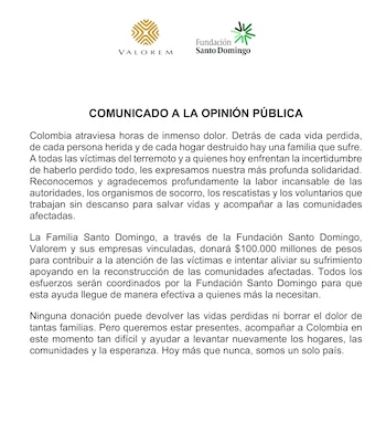 La Fundación Santo Domingo se solidarizó con las víctimas del terremoto en Colombia - crédito @F_Santo_Domingo/X