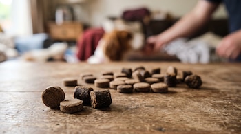 Varias pastillas suplementarias de color marrón sobre una mesa de madera con un perro y una persona desenfocados al fondo.