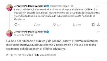Jennifer Pedraza hizo un llamado a no malinterpretar la lucha del movimiento estudiantil, que busca una educación pública gratuita, de calidad, y créditos educativos con tasas más subsidiadas, no la eliminación del Icetex - crédito @JenniferPedraz/X