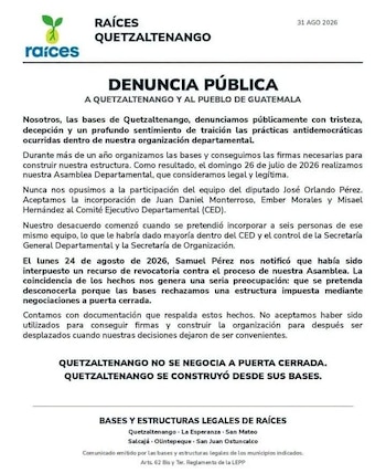 Raíces acreditó ante el Tribunal Supremo Electoral el número de afiliados y la estructura partidaria requeridos por la Ley Electoral y de Partidos Políticos.
