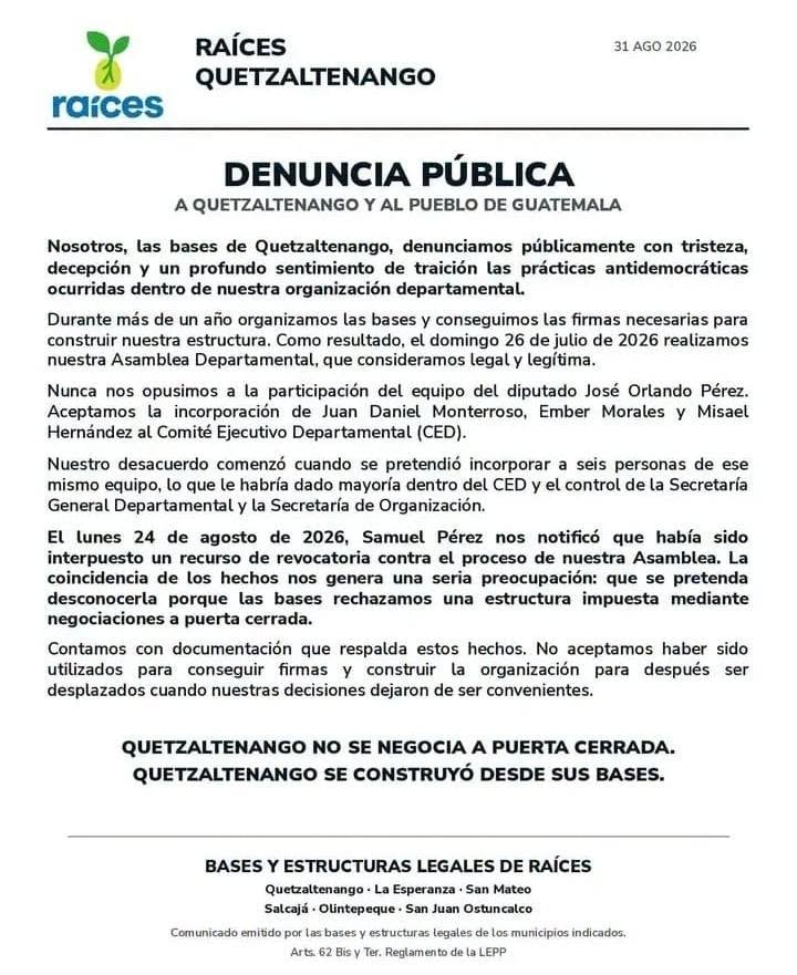 La creación de Raíces desató divisiones internas y denuncias por falta de democracia interna en San Miguel Petapa, Mixco y Quetzaltenango. (Redes Sociales)